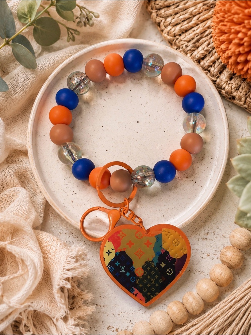 Hand Crafted Orange Blue Brown Beaded WristletKeychain with Inspired Heart Charm